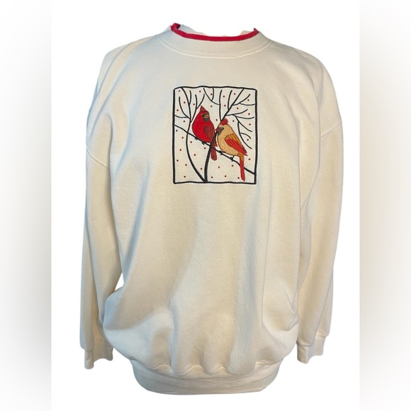 Vintage Tops - Vintage Cottagecore Whimsical Aesthetic Embroidered Cardinal Pullover Sweatshirt